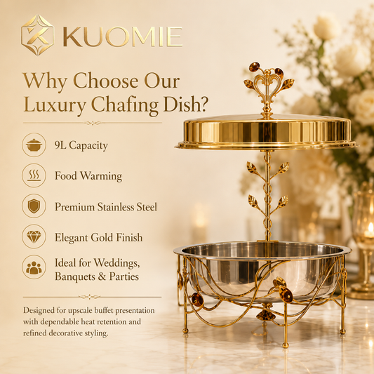 9L Rosevine Round Chafing Dish with Elevated Gold Cover | KUOMIE