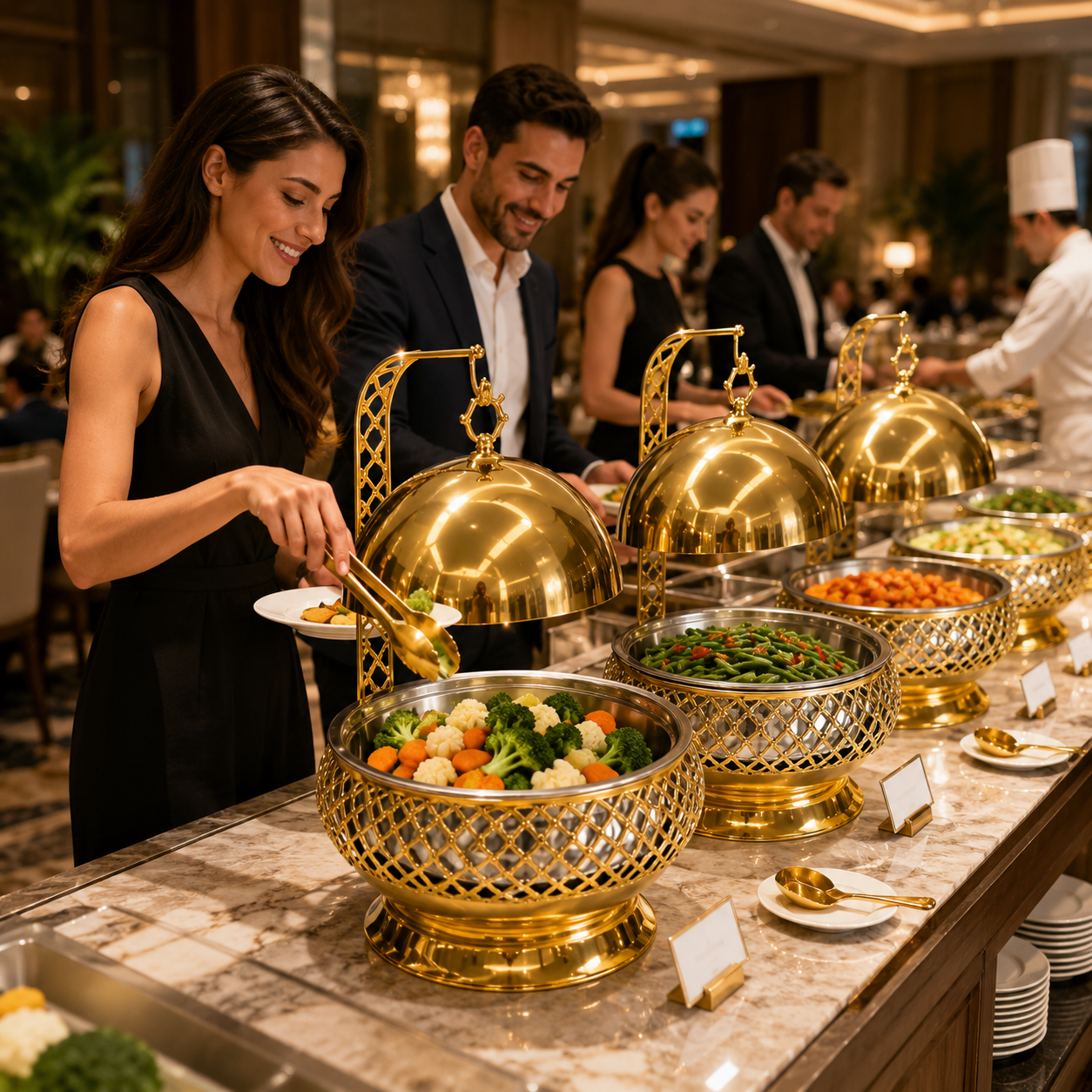 Luxury Chafiing dish,food warming Party and wedding table setting stainless steel 8L gold exquisite and elegant food warmer with hanging lid, reusable glass gold table stove 8L luxury hanging hotel outdoor insulated alcohol stove