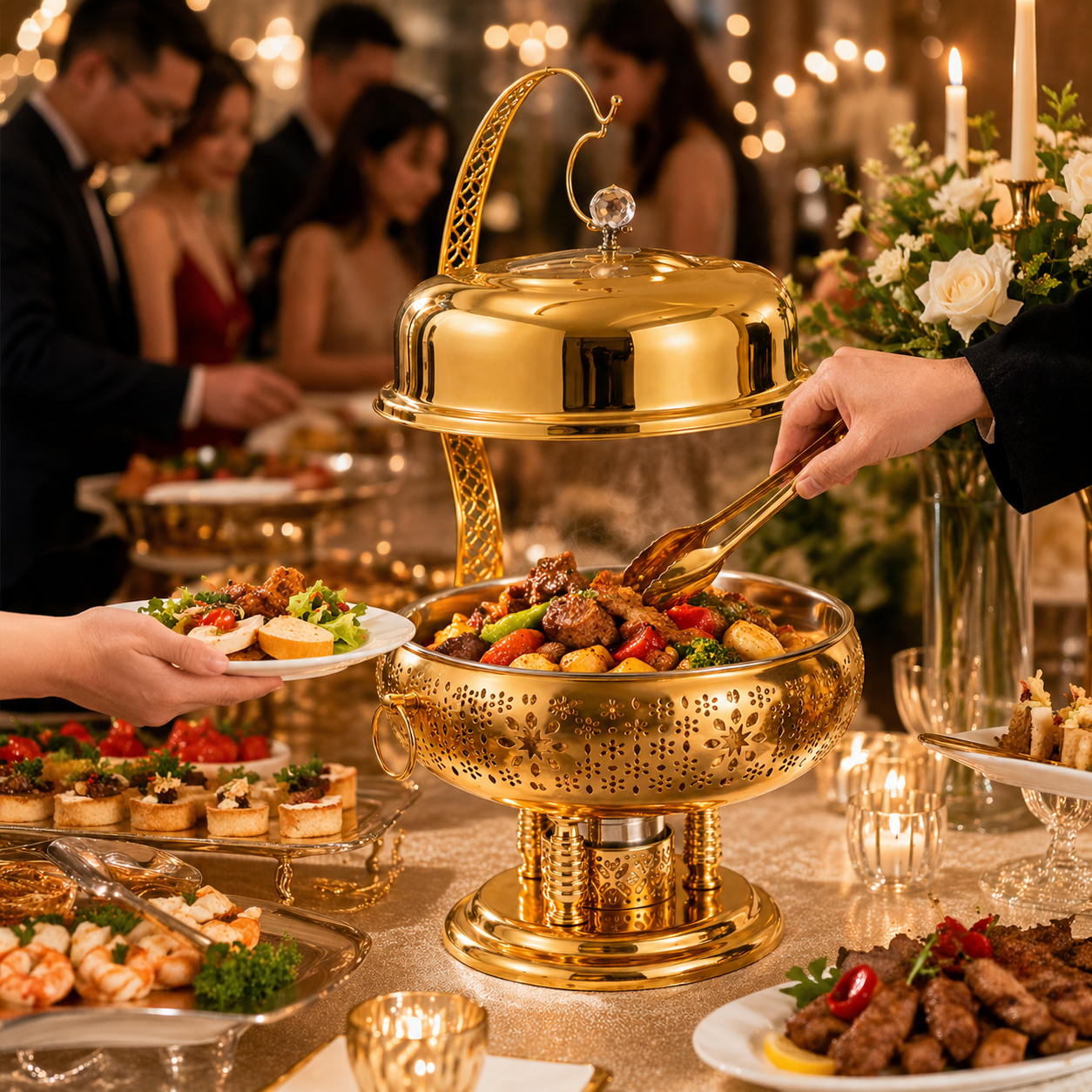 Luxury Chafing dish ,Food warming Elegant 8L Stainless Steel Gold Food Warmer with Hanging Lid for Party and Wedding Table Setting