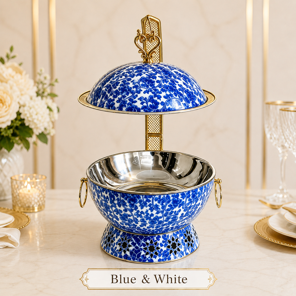 Luxury Marble Chafing Dish with Gold Accents for Weddings, Hotels & Banquets