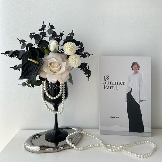 1pc Elegant Faux Rose Arrangement in Luxury Wine Glass Vase with Decorative Pearls Living Room Decor,autumn home decor,autumn decor,room decor