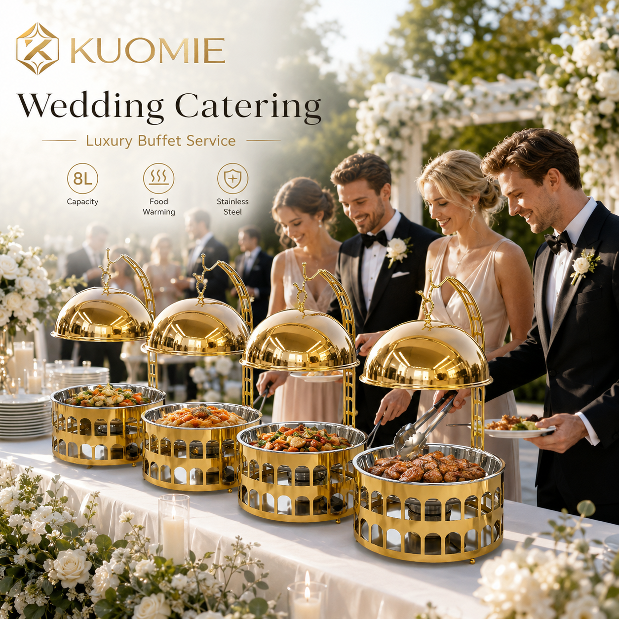 KUOMIE Luxury 8L Gold Chafing Dish with Hanging Dome Lid | Stainless Steel Buffet Food Warmer for Wedding, Hotel & Catering