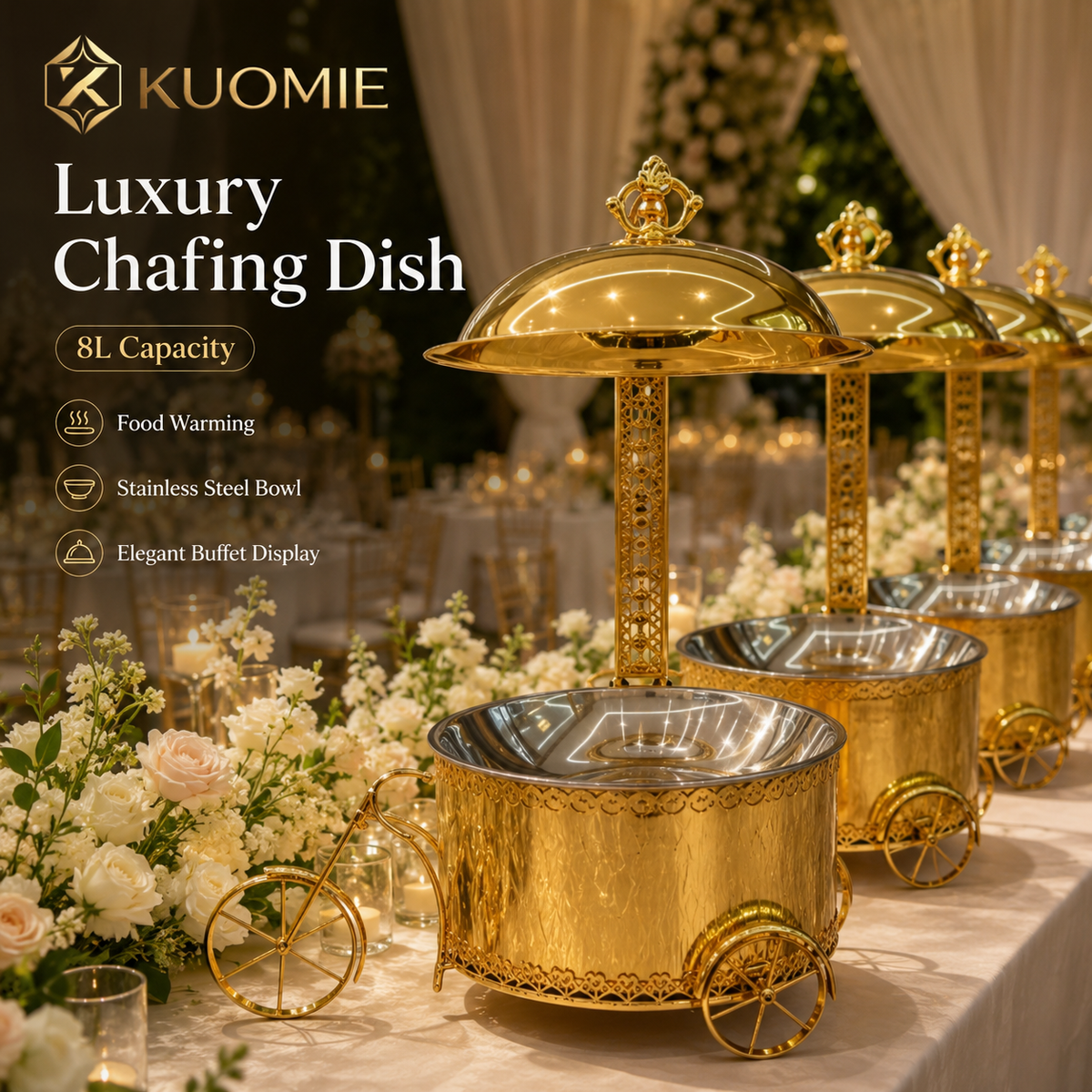 Luxury Gold Round Chafing Dish Cart Set with Dome Lids for Wedding Buffet, Hotel Catering, Banquet Events & Party Food Warmer