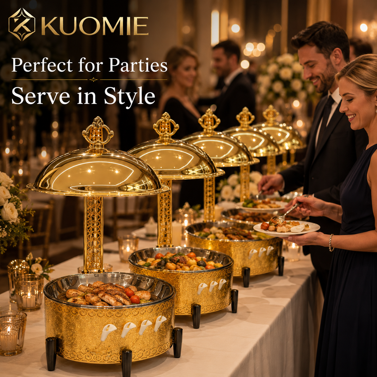 KUOMIE Luxury Gold Chafing Dish with Hanging Dome Lid, Stainless Steel Buffet Food Warmer for Weddings, Hotels, Catering, Banquets, and Parties