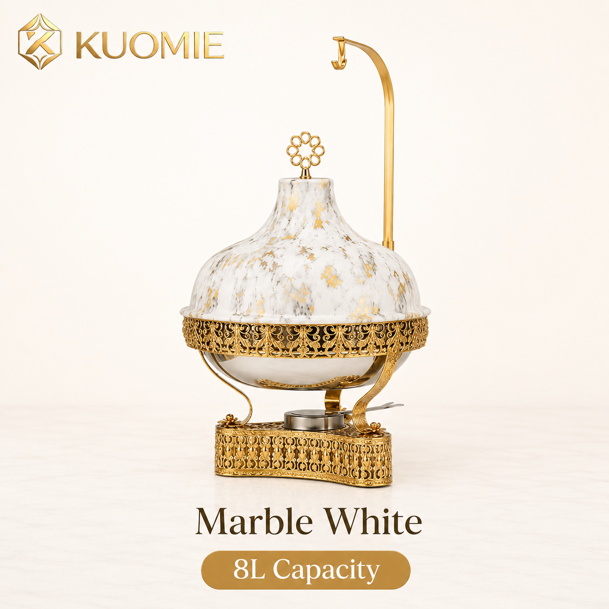 KUOMIE 8L Luxury Chafing Dish with Hanging Lid, Stainless Steel Food Pan, Gold Filigree Buffet Warmer for Weddings, Hotels, Catering, Parties and Events