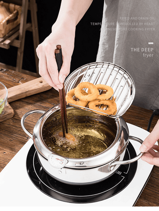 Deep Fryer Pot, 304 Stainless Steel Japanese Frying Pot with Oil Drain, Temperature Control and Lid, Tempura Deep Fryer Pot for Kitchen Stove/Induction Cooker French Fries Fryer Chicken 11"(2.2 L)