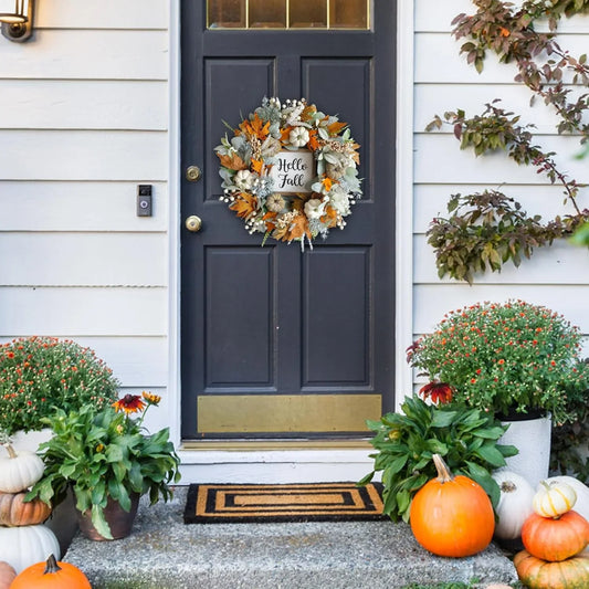 20inch Thanksgiving Fall Wreath, Eucalyptus Berries Pumpkins Lamb Ears Leaves Autumn Wreaths for Front Door, Fall Decor, Porch Wall, Home Outdoor Holiday Decorations Wreath for Autumn - kuomie
