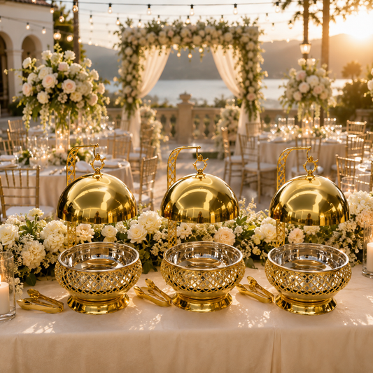 Luxury Chafiing dish,food warming Party and wedding table setting stainless steel 8L gold exquisite and elegant food warmer with hanging lid, reusable glass gold table stove 8L luxury hanging hotel outdoor insulated alcohol stove