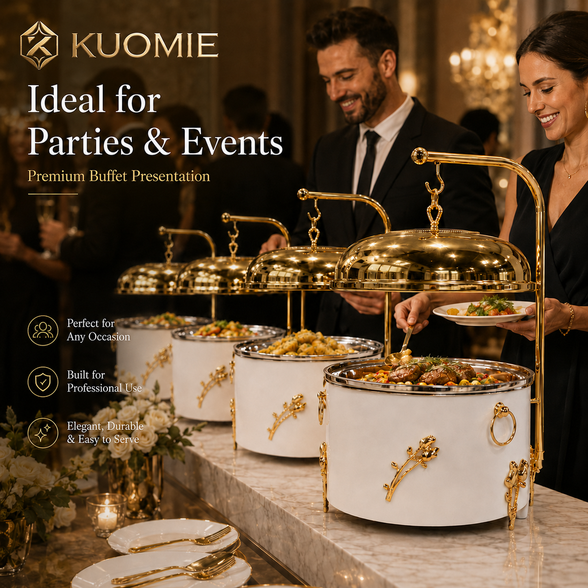 KUOMIE 10L Luxury Chafing Dish | Gold Buffet Food Warmer