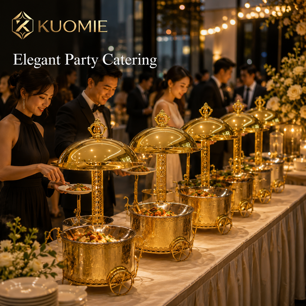 Luxury Gold Round Chafing Dish Cart Set with Dome Lids for Wedding Buffet, Hotel Catering, Banquet Events & Party Food Warmer
