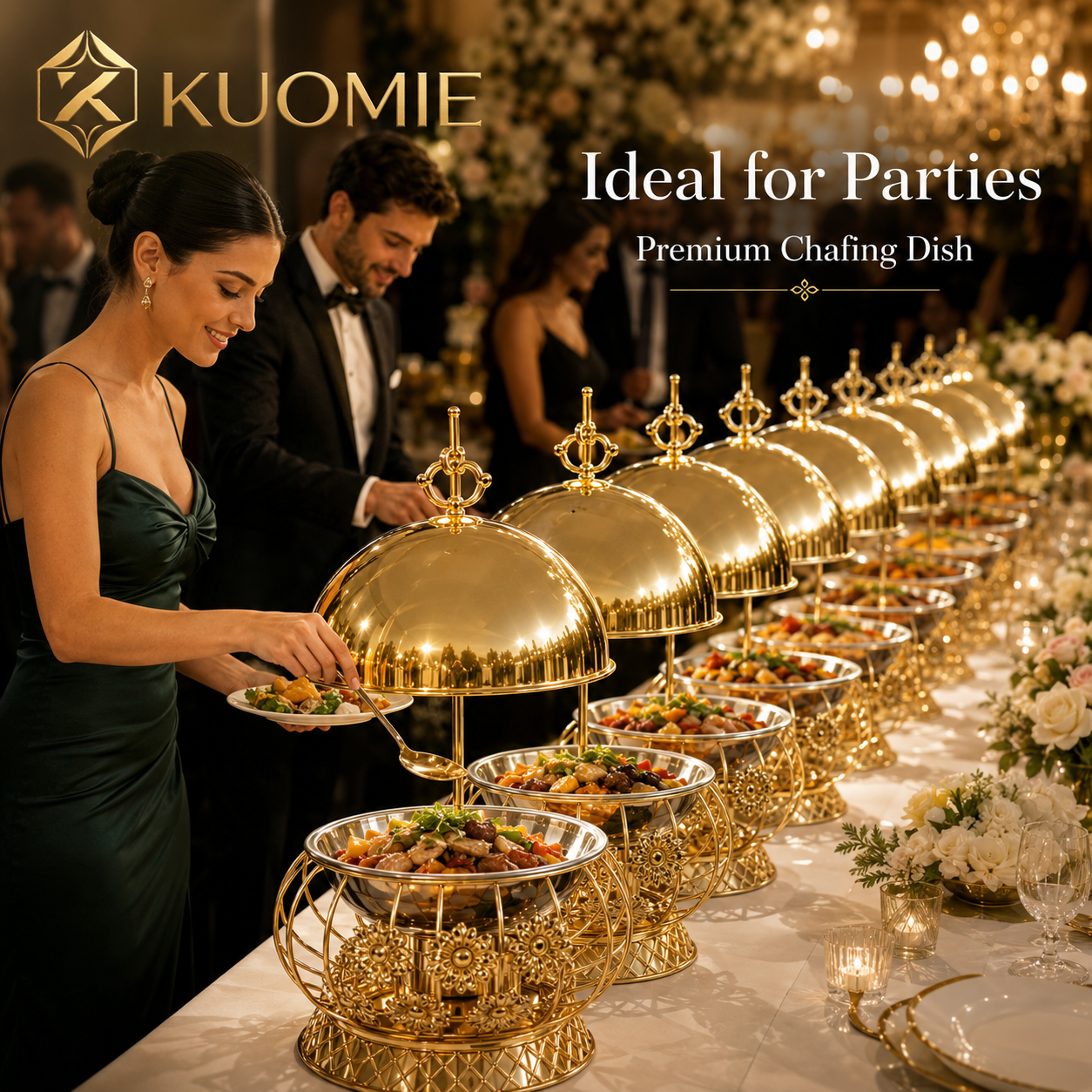 Luxury Gold Chafing Dish | Round Buffet Food Warmer for Weddings and Catering