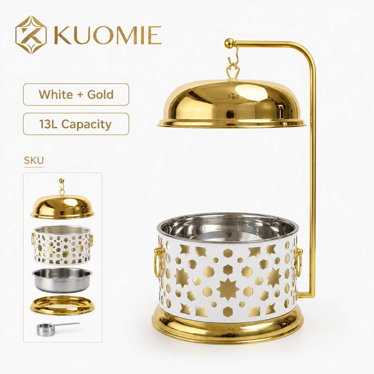 Luxury 13L White and Gold Buffet Warmer with Hanging Lid and Stainless Steel Food Pan