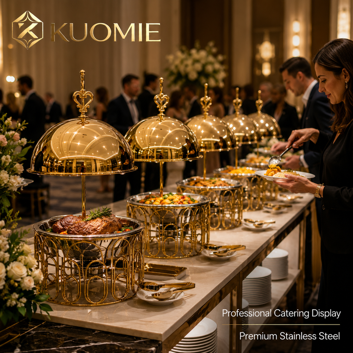 Luxury Round Gold Chafing Dish with Stainless Steel Food Pan, Dome Lid & Decorative Wire Frame for Hotel Buffet, Wedding Catering, Banquets & Parties