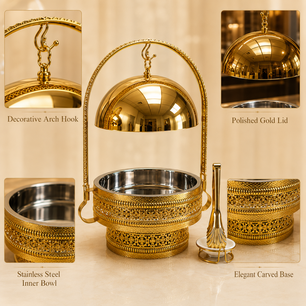 Luxury Gold Round Chafing Dish with Hanging Dome Lid for Wedding Buffet & Hotel Catering