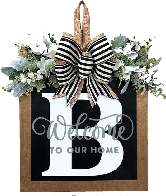 Last Name Year Round Front Door Wreath Front Porch Decoration 26 Letter Welcome Sign with Eucalyptus Garland and Bow Spring Wreaths for Front Door Outside Hanger Garland - kuomie