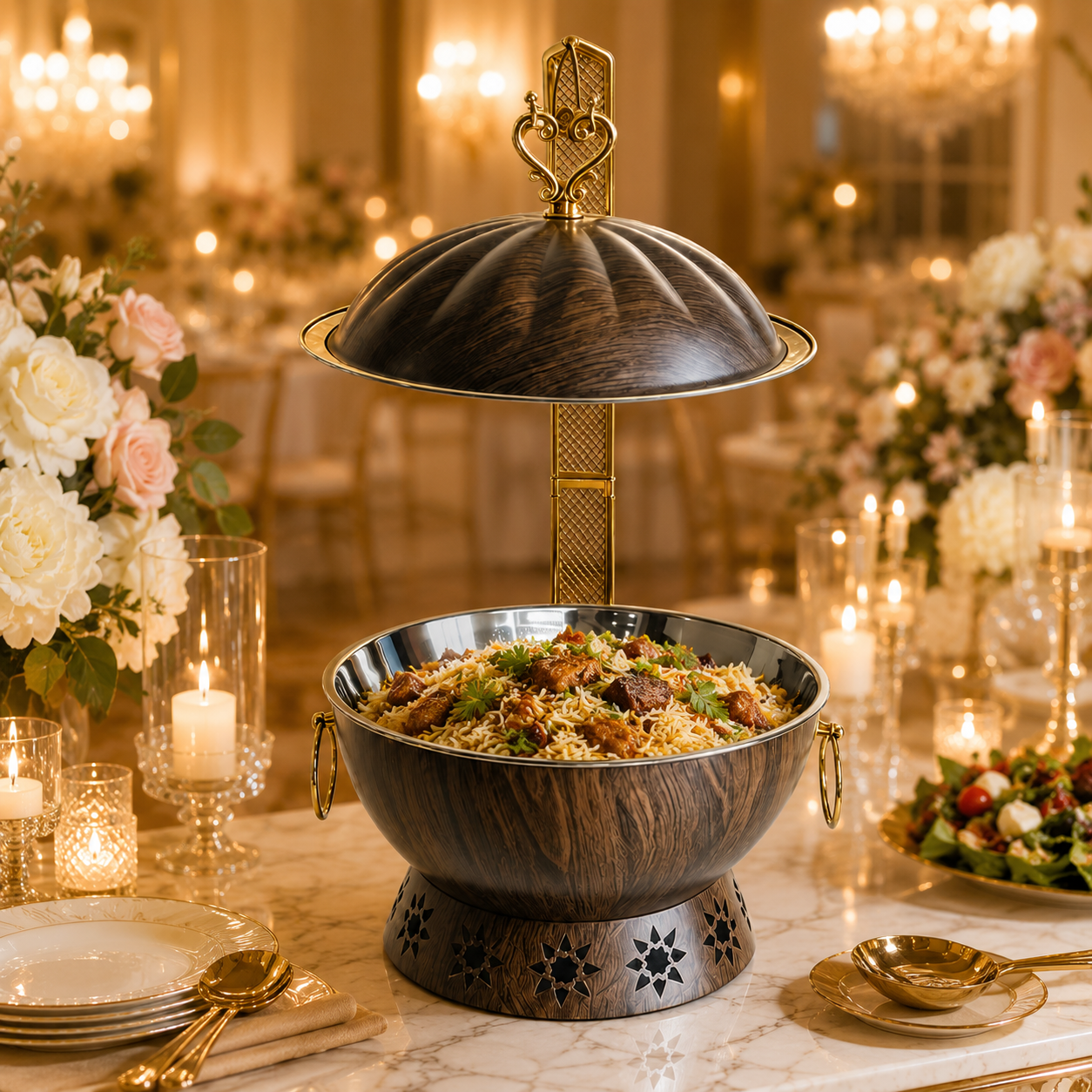 Luxury Marble Chafing Dish with Gold Accents for Weddings, Hotels & Banquets