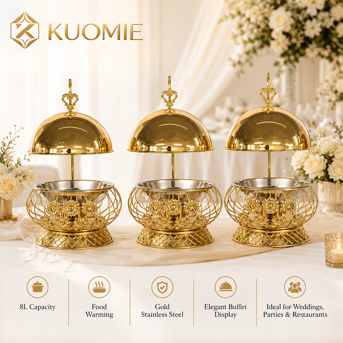 Luxury Gold Chafing Dish | Round Buffet Food Warmer for Weddings and Catering