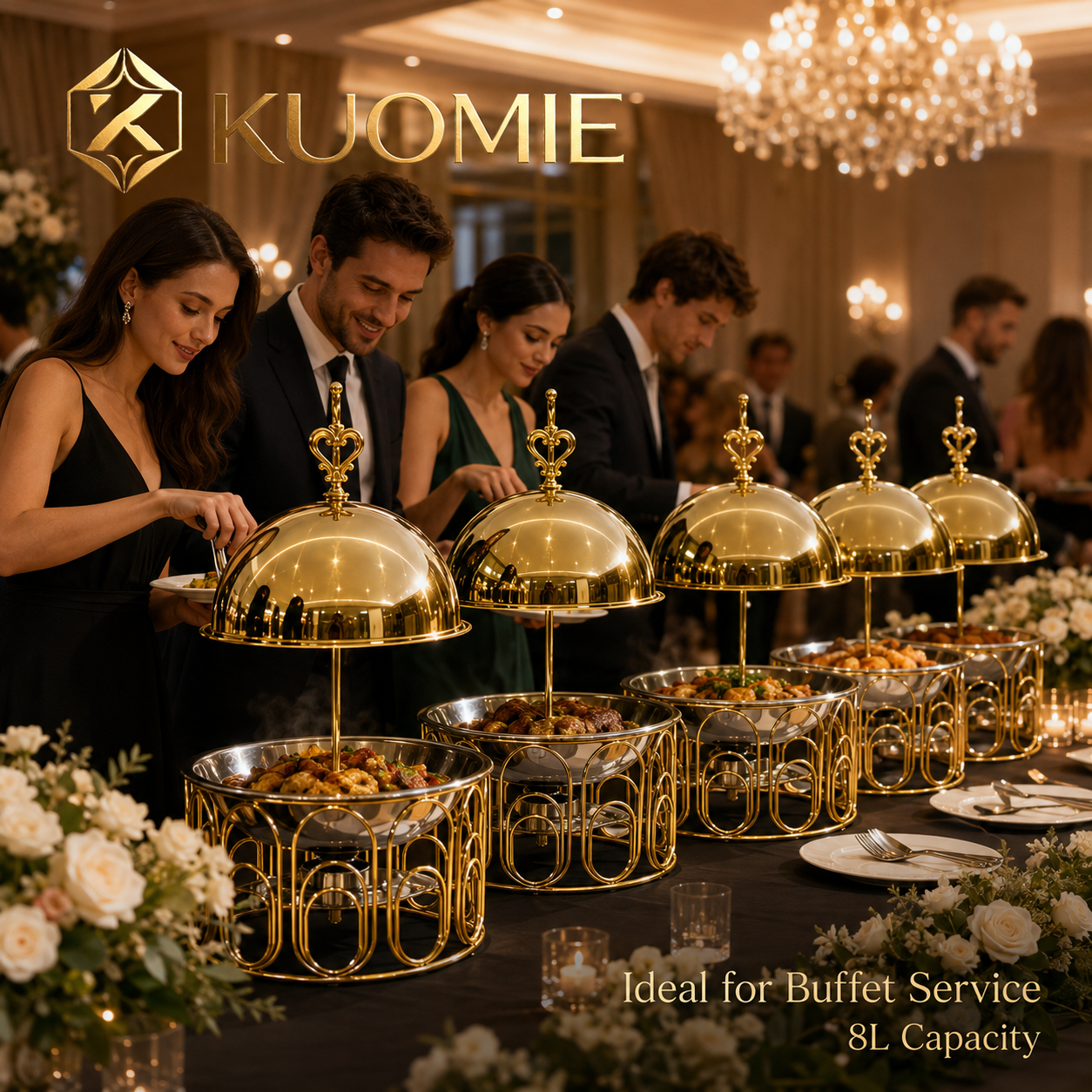 Luxury Round Gold Chafing Dish with Stainless Steel Food Pan, Dome Lid & Decorative Wire Frame for Hotel Buffet, Wedding Catering, Banquets & Parties