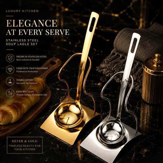 Luxury Stainless Steel Soup Ladle Set with Holder Stand – Gold & Silver Buffet Serving Ladles