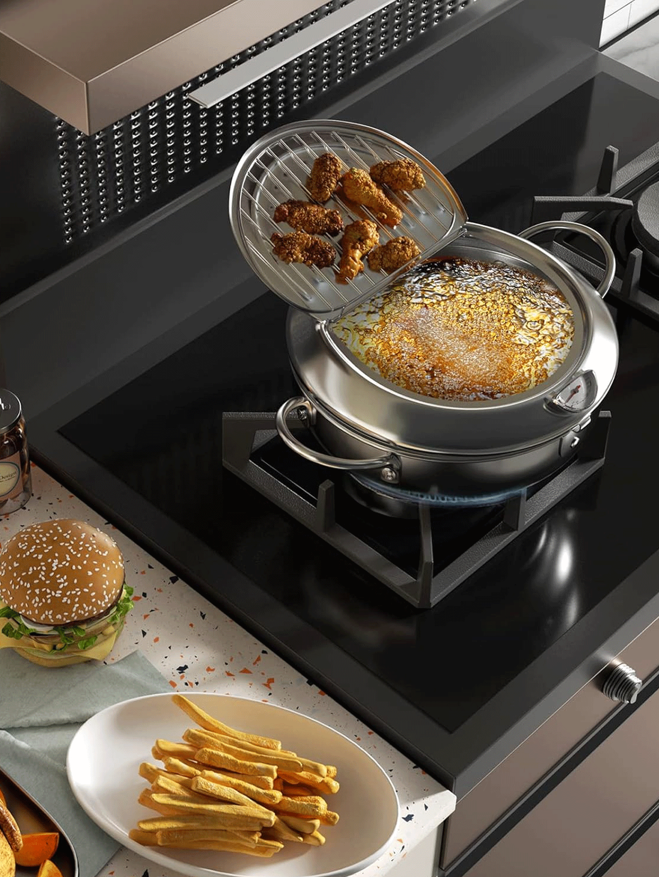 Deep Fryer Pot, 304 Stainless Steel Japanese Frying Pot with Oil Drain, Temperature Control and Lid, Tempura Deep Fryer Pot for Kitchen Stove/Induction Cooker French Fries Fryer Chicken 11"(2.2 L)