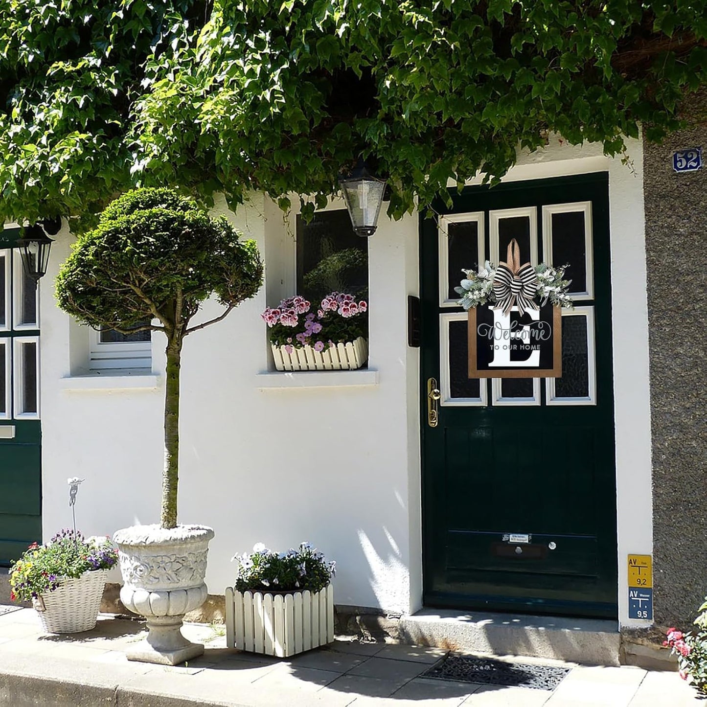 Last Name Year Round Front Door Wreath Front Porch Decoration 26 Letter Welcome Sign with Eucalyptus Garland and Bow Spring Wreaths for Front Door Outside Hanger Garland - kuomie