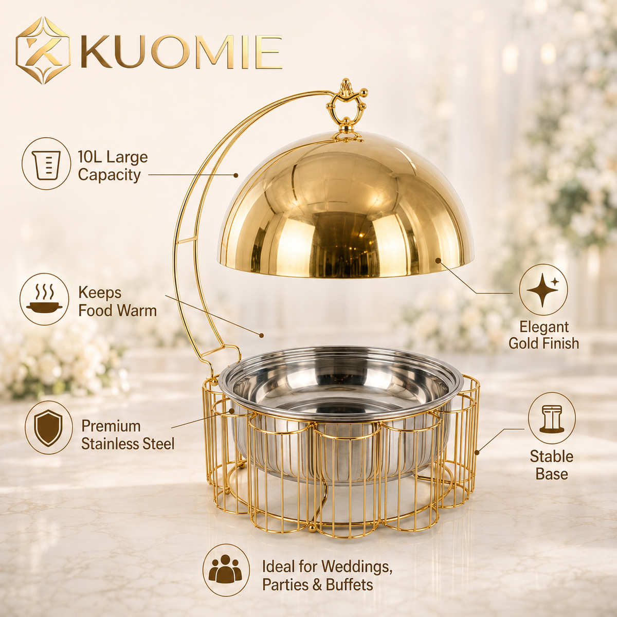 Luxury Gold Round Chafing Dish Set with Dome Lid for Outdoor Wedding Buffet, Catering Events & Party Food Warmer