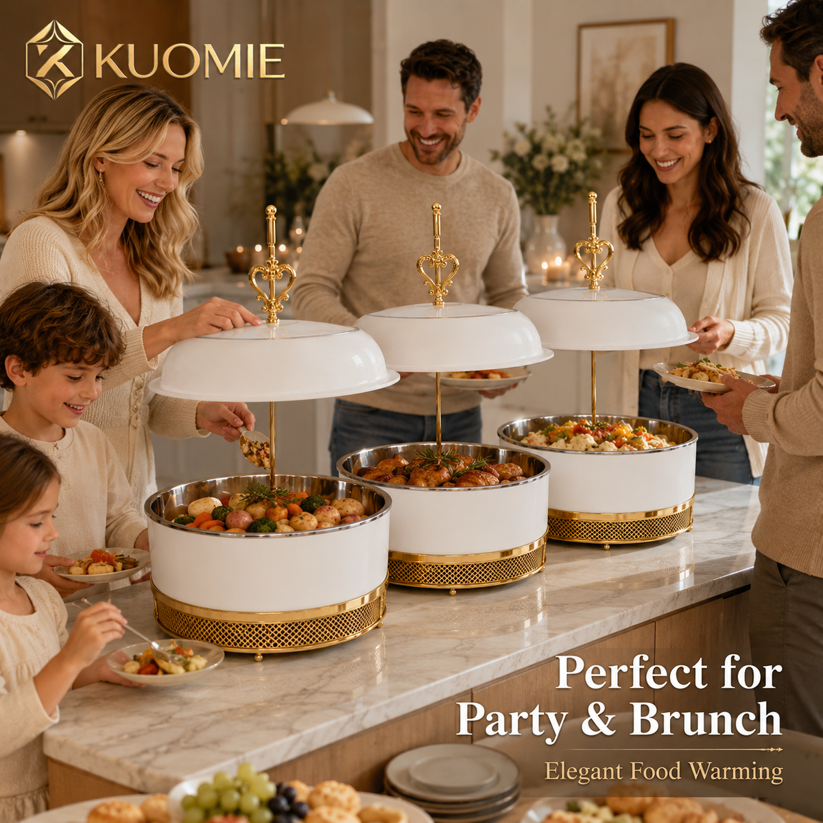 KUOMIE 16L Luxury White and Gold Chafing Dish for Buffet Food Warming and Elegant Catering