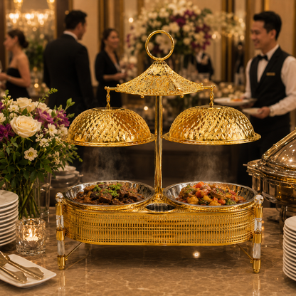 KUOMIE 10L Luxury Gold Double Chafing Dish Set with Textured Dome Lids