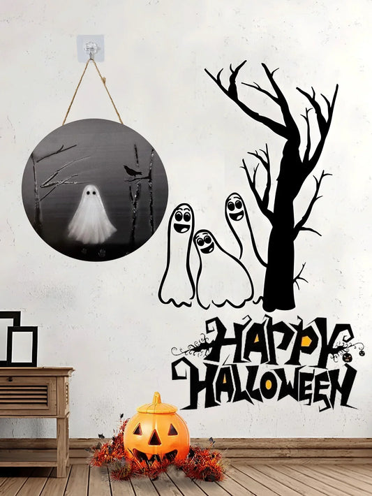 Halloween Decorations Wooden Hanging Sign, Pumpkin Ghost Door Hanger Sign,Funny skull pumpkin decoration,Horror ghost decoration For Outdoor Home Farmhouse Wall Window Yard,Party Supplies Thanksgiving Halloween Fall Decor Halloween Decor Room Decor - kuomie