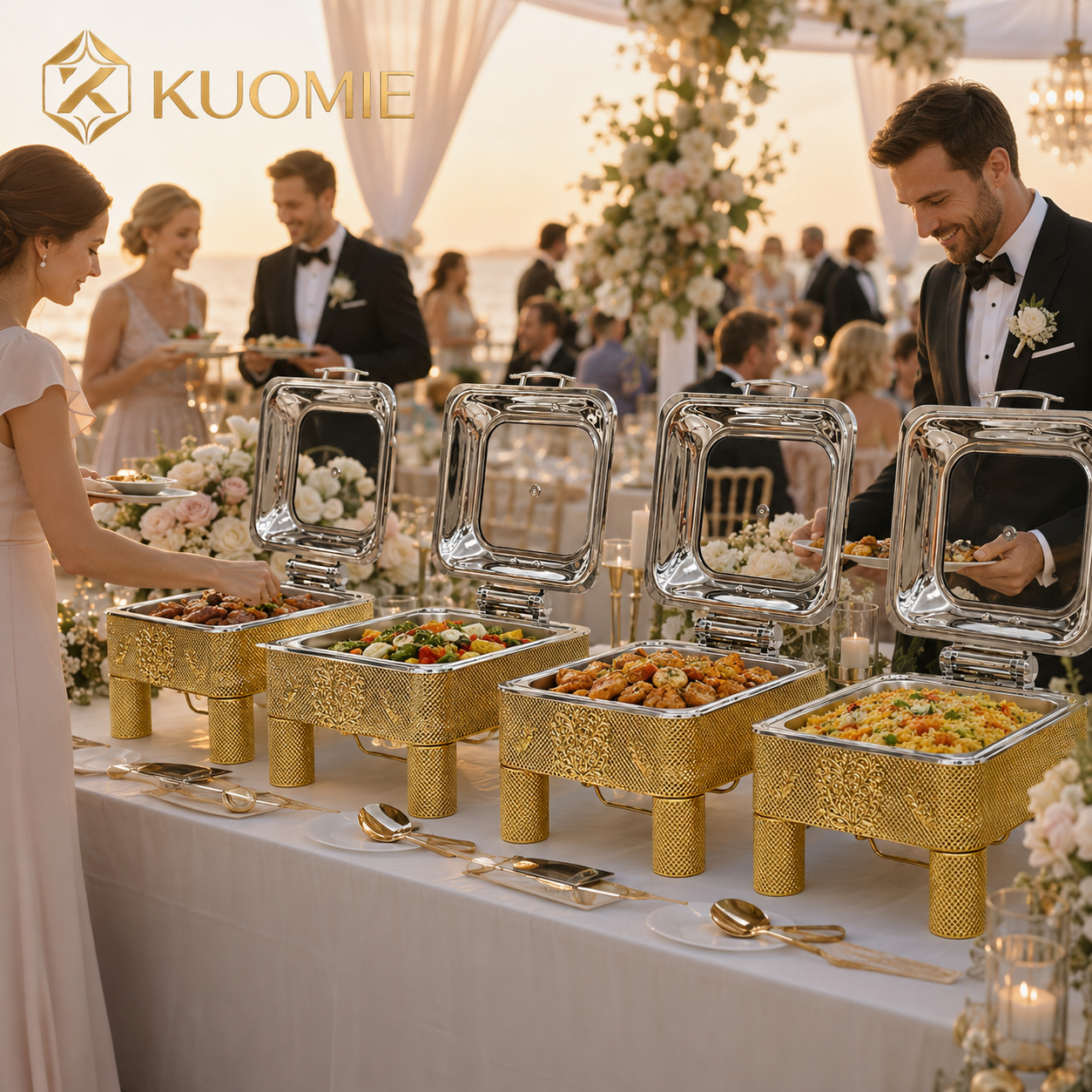 KUOMIE 6L -9L luxury-gold-chafing-dish-glass-lid-buffet-warmer