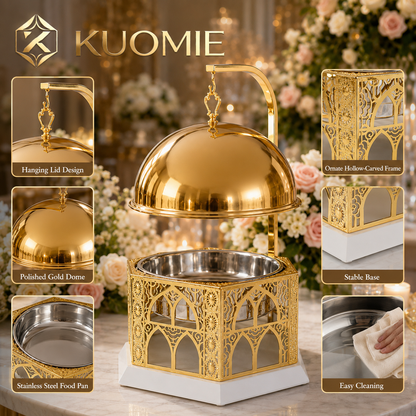 Luxury Gold Chafing Dish 8L Stainless Steel Food Warmer with Hanging Dome Lid for Buffet, Wedding, Catering and Party Events