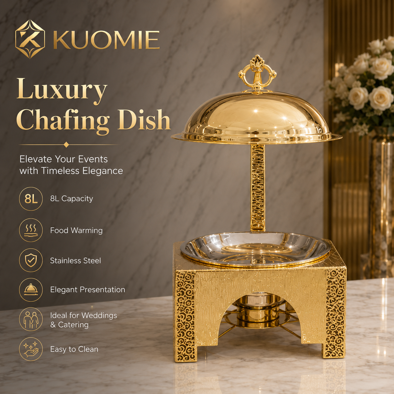 KUOMIE Premium Gold Food Warmer with Decorative Square Base for Hotels and Weddings