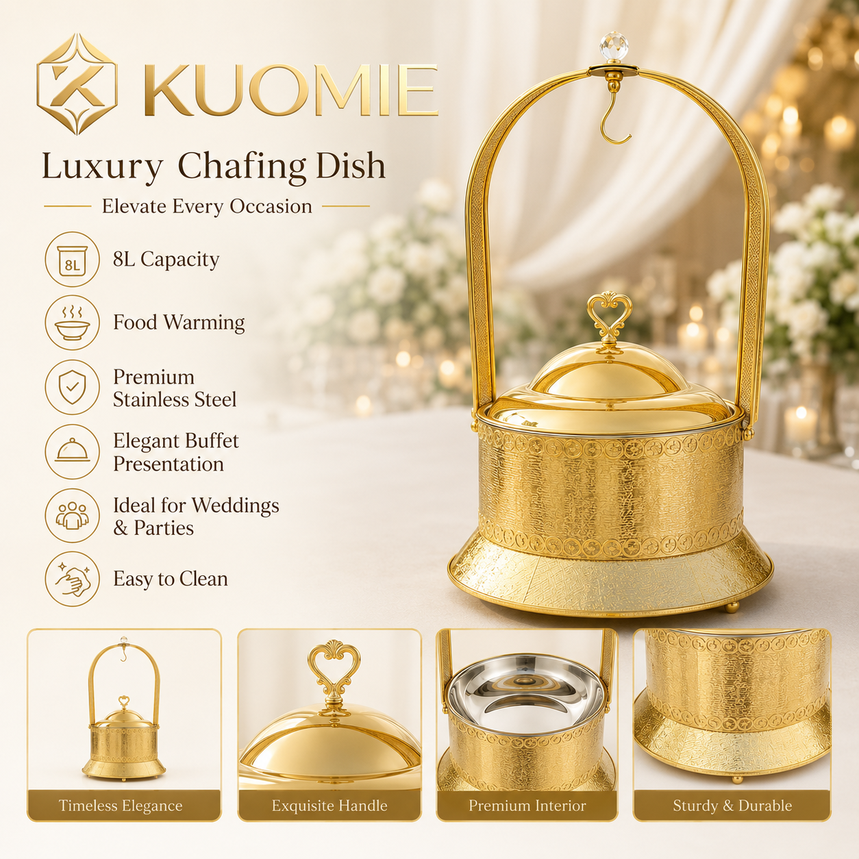 Luxury Wedding Chafing Dish with Crystal Accent, Heart-Shaped Handle and Gold Finish