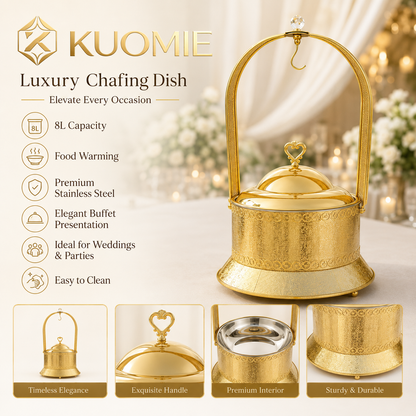Luxury Wedding Chafing Dish with Crystal Accent, Heart-Shaped Handle and Gold Finish