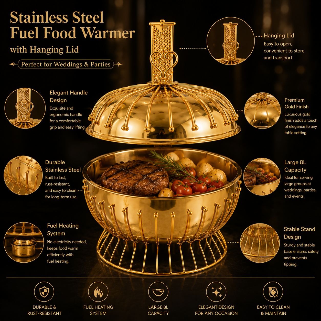 Luxury 8L Hanging Dome Chafing Dish | Premium Buffet Food Warmer for Hotel, Wedding & Catering