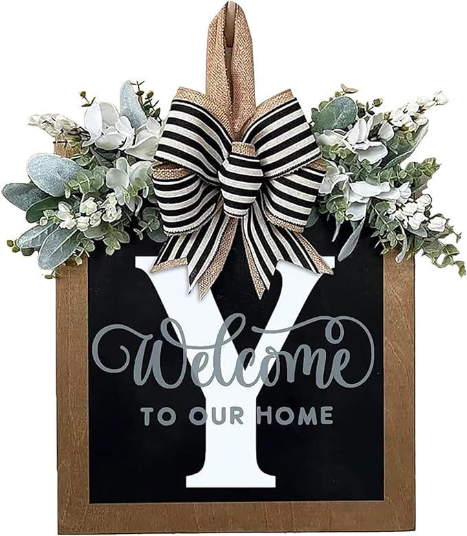 Last Name Year Round Front Door Wreath Front Porch Decoration 26 Letter Welcome Sign with Eucalyptus Garland and Bow Spring Wreaths for Front Door Outside Hanger Garland - kuomie