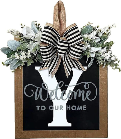 Last Name Year Round Front Door Wreath Front Porch Decoration 26 Letter Welcome Sign with Eucalyptus Garland and Bow Spring Wreaths for Front Door Outside Hanger Garland - kuomie