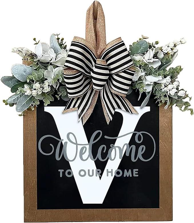 Last Name Year Round Front Door Wreath Front Porch Decoration 26 Letter Welcome Sign with Eucalyptus Garland and Bow Spring Wreaths for Front Door Outside Hanger Garland - kuomie