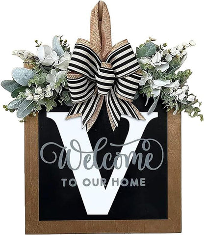 Last Name Year Round Front Door Wreath Front Porch Decoration 26 Letter Welcome Sign with Eucalyptus Garland and Bow Spring Wreaths for Front Door Outside Hanger Garland - kuomie