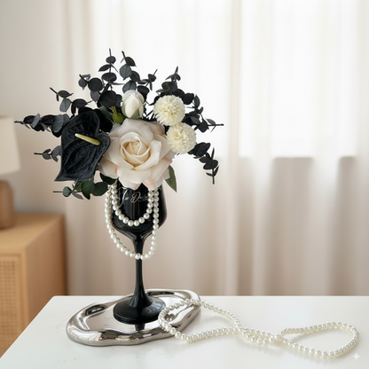1pc Elegant Faux Rose Arrangement in Luxury Wine Glass Vase with Decorative Pearls Living Room Decor,autumn home decor,autumn decor,room decor
