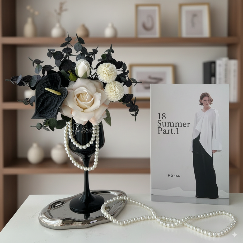 1pc Elegant Faux Rose Arrangement in Luxury Wine Glass Vase with Decorative Pearls Living Room Decor,autumn home decor,autumn decor,room decor