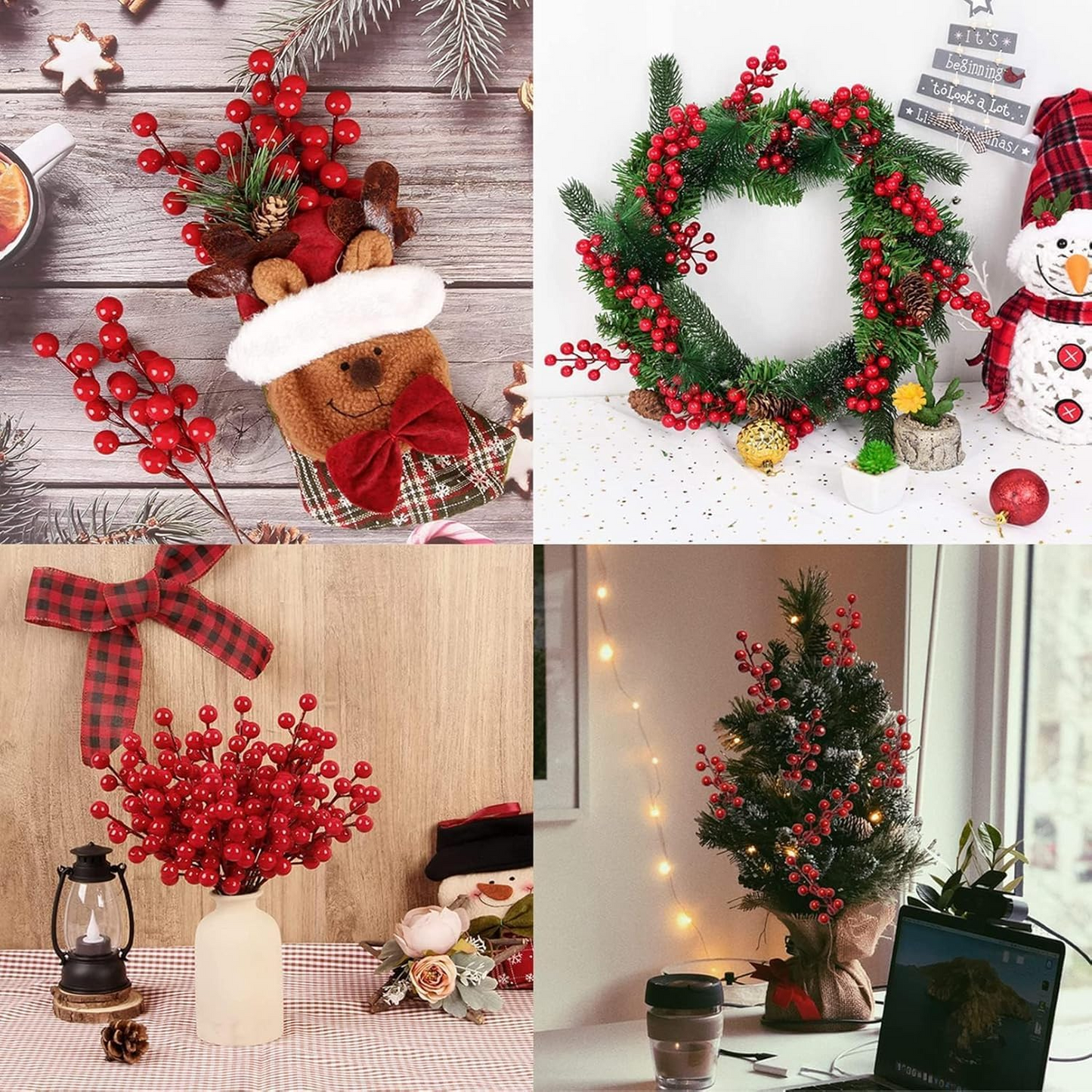 40PCS Faux Red Berry Holly Stems Holiday Table Centerpiece Vase Fillers for Christmas and New Year - kuomie