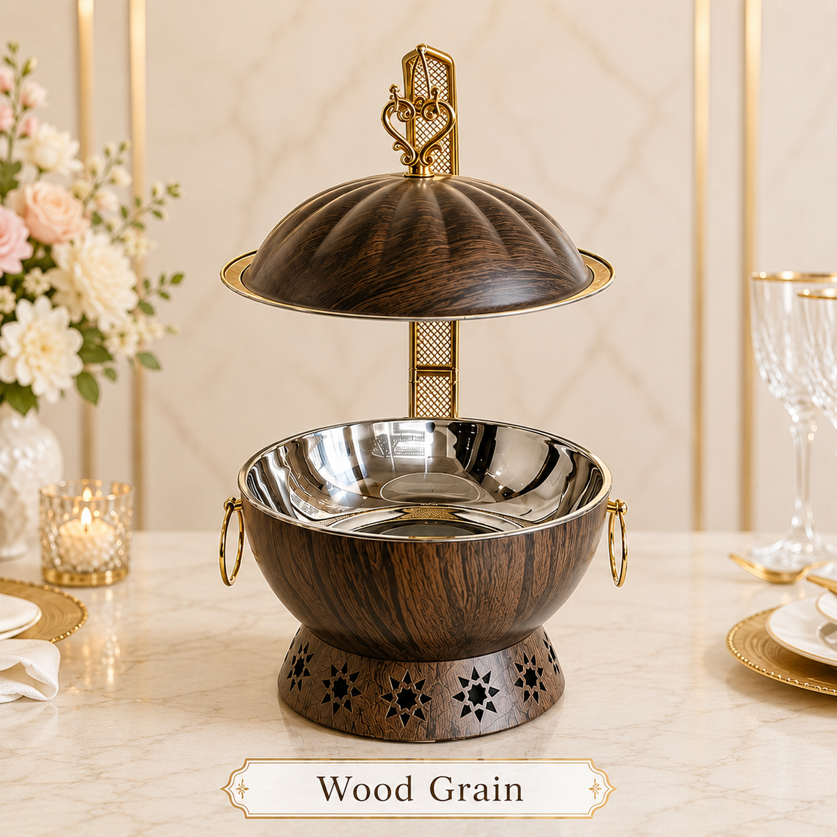 Luxury Marble Chafing Dish with Gold Accents for Weddings, Hotels & Banquets