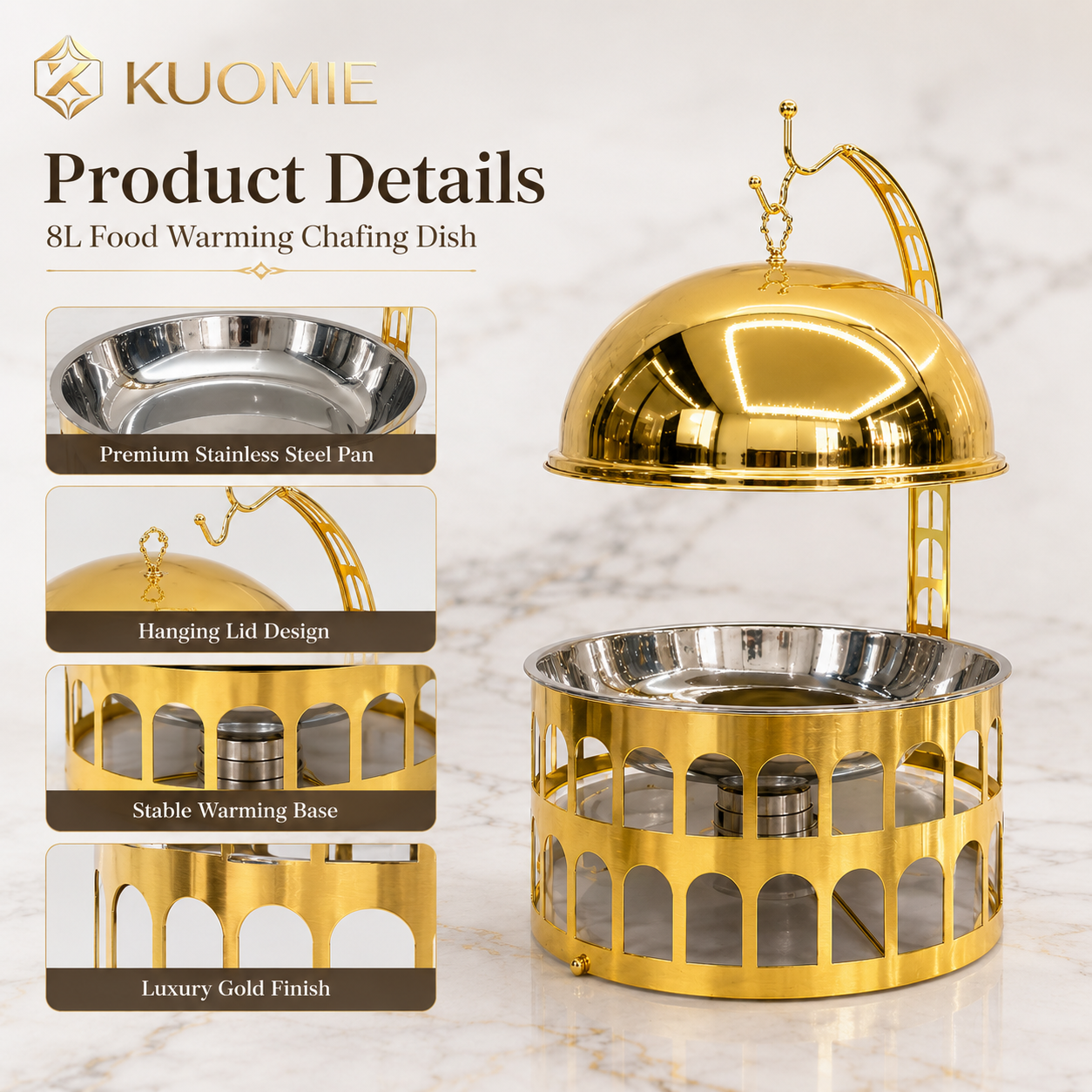 KUOMIE Luxury 8L Gold Chafing Dish with Hanging Dome Lid | Stainless Steel Buffet Food Warmer for Wedding, Hotel & Catering