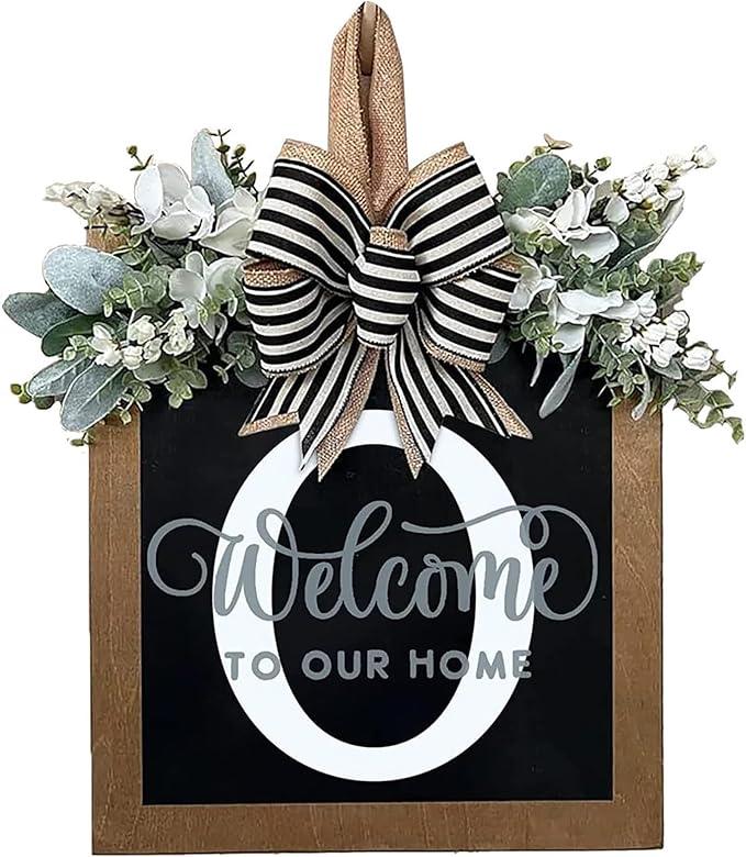 Last Name Year Round Front Door Wreath Front Porch Decoration 26 Letter Welcome Sign with Eucalyptus Garland and Bow Spring Wreaths for Front Door Outside Hanger Garland - kuomie