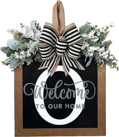 Last Name Year Round Front Door Wreath Front Porch Decoration 26 Letter Welcome Sign with Eucalyptus Garland and Bow Spring Wreaths for Front Door Outside Hanger Garland - kuomie