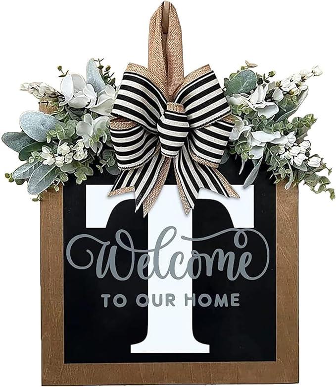 Last Name Year Round Front Door Wreath Front Porch Decoration 26 Letter Welcome Sign with Eucalyptus Garland and Bow Spring Wreaths for Front Door Outside Hanger Garland - kuomie