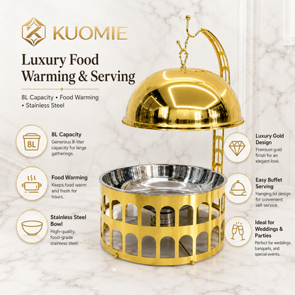 KUOMIE Luxury 8L Gold Chafing Dish with Hanging Dome Lid | Stainless Steel Buffet Food Warmer for Wedding, Hotel & Catering