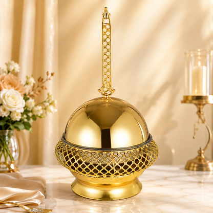 Luxury Chafiing dish,food warming Party and wedding table setting stainless steel 8L gold exquisite and elegant food warmer with hanging lid, reusable glass gold table stove 8L luxury hanging hotel outdoor insulated alcohol stove