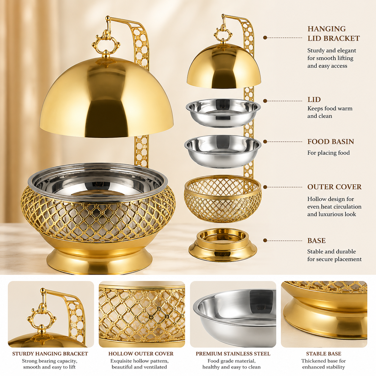Luxury Chafiing dish,food warming Party and wedding table setting stainless steel 8L gold exquisite and elegant food warmer with hanging lid, reusable glass gold table stove 8L luxury hanging hotel outdoor insulated alcohol stove